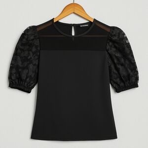 PARKER & QUINN Black Sheer Neck Embroidered Puff Sleeve Top | Fitted | XL